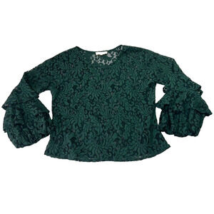SOLITAIRE Blouse Top Womens M Green 2 Pc Peasant Lace Cami Liner Ruffle Sleeves
